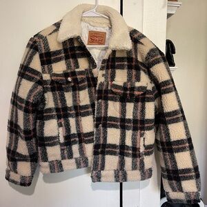 Levi's Cream and Black Plaid Sherpa Jean Jacket